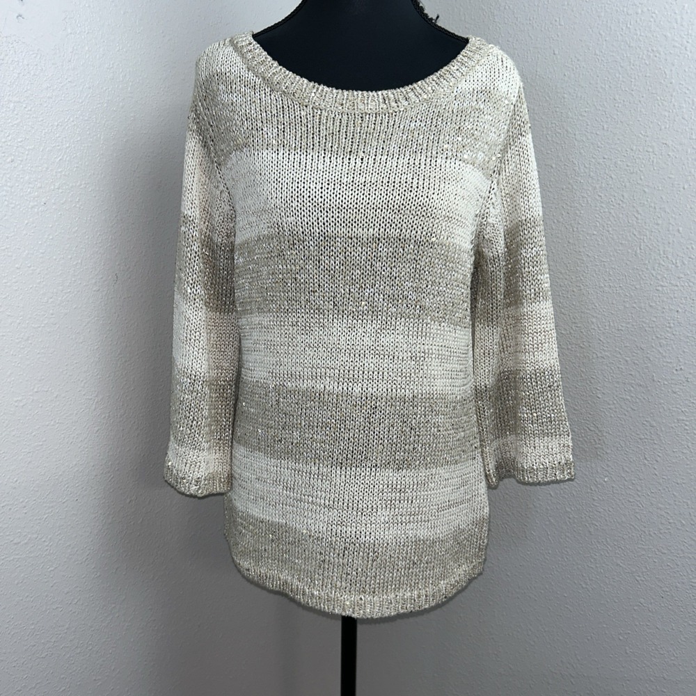 Tribal Brand Pullover Knit Sweater Women's Medium Cream Striped Sequin‎ Dressy